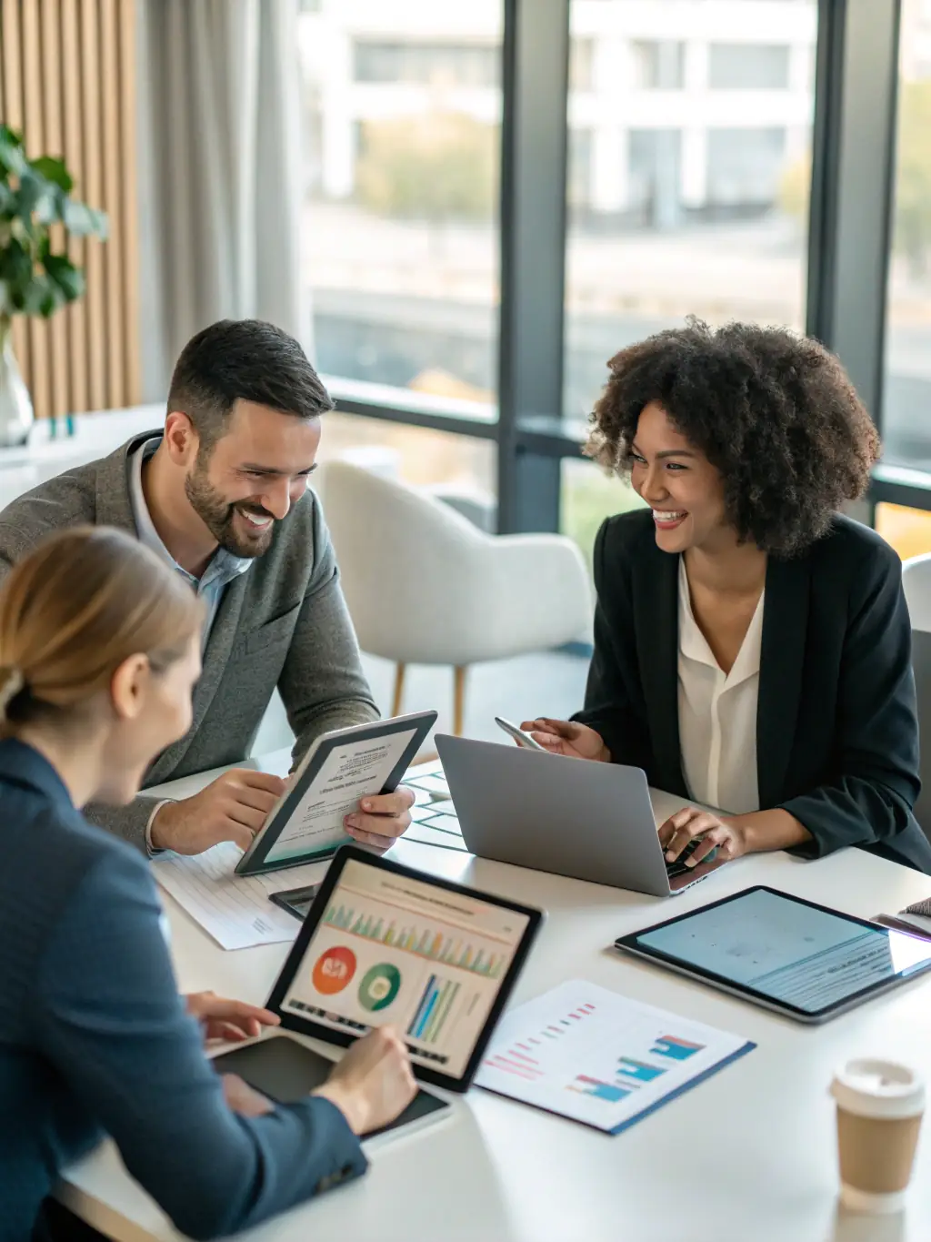 A creative team designing Instagram posts and stories on a tablet, illustrating content management for Content Creation & Management service.
