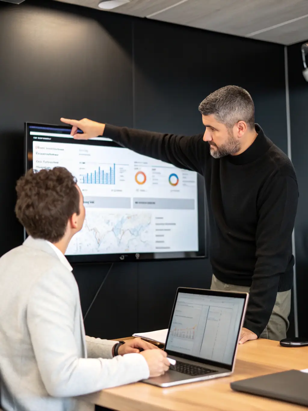 A business coach guiding a client through Instagram analytics on a tablet, showcasing data-driven insights and strategic planning.