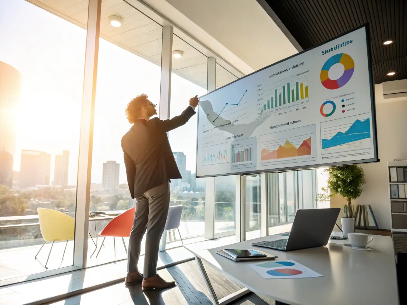 A business coach is working with a client, reviewing Instagram analytics on a laptop, in a modern office setting. The scene conveys professionalism and data-driven decision-making.