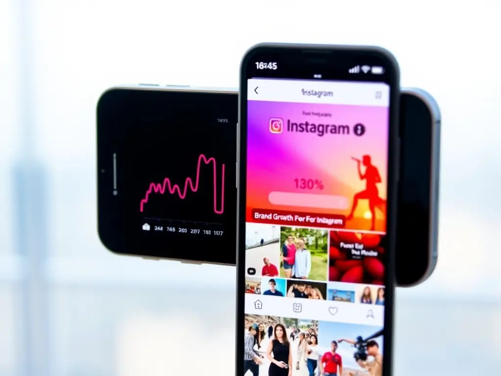 A visually appealing image featuring a person using a smartphone with the Instagram app open, surrounded by glowing icons representing brand recognition and positive feedback.