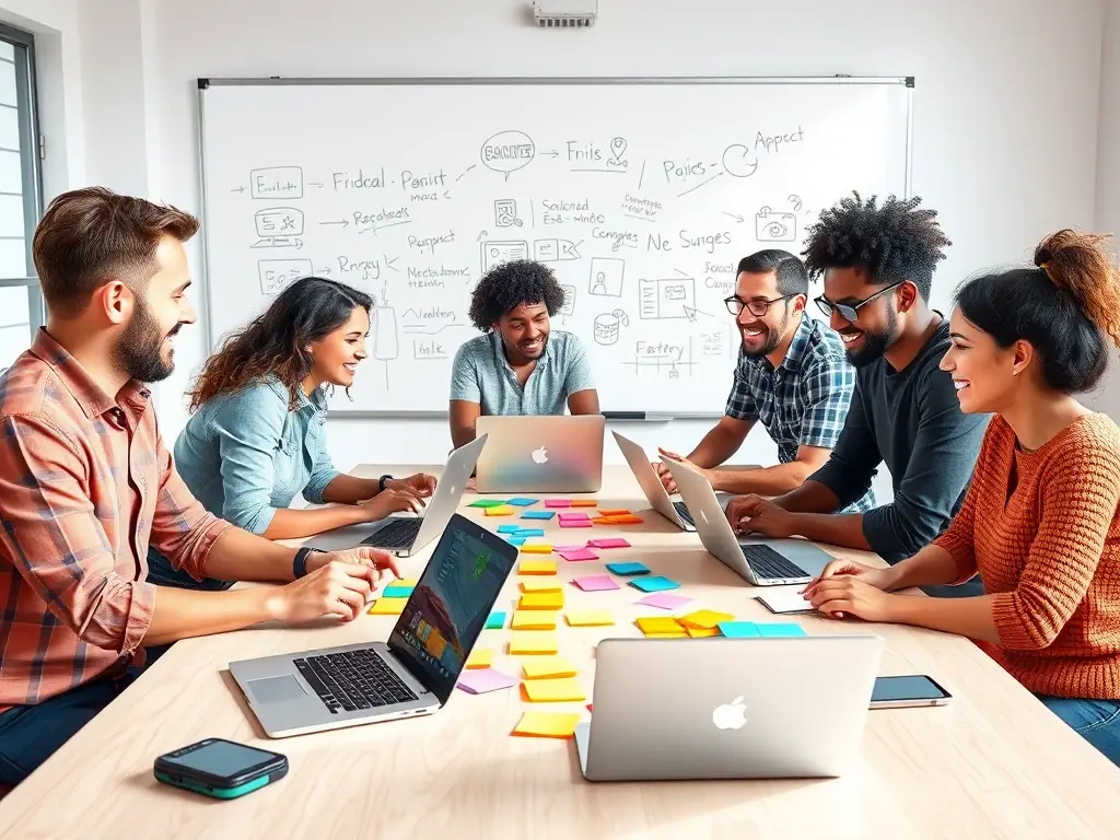 A creative team is brainstorming content ideas for Instagram, using mood boards and visual aids in a brightly lit studio. The image represents content creation and collaborative planning.